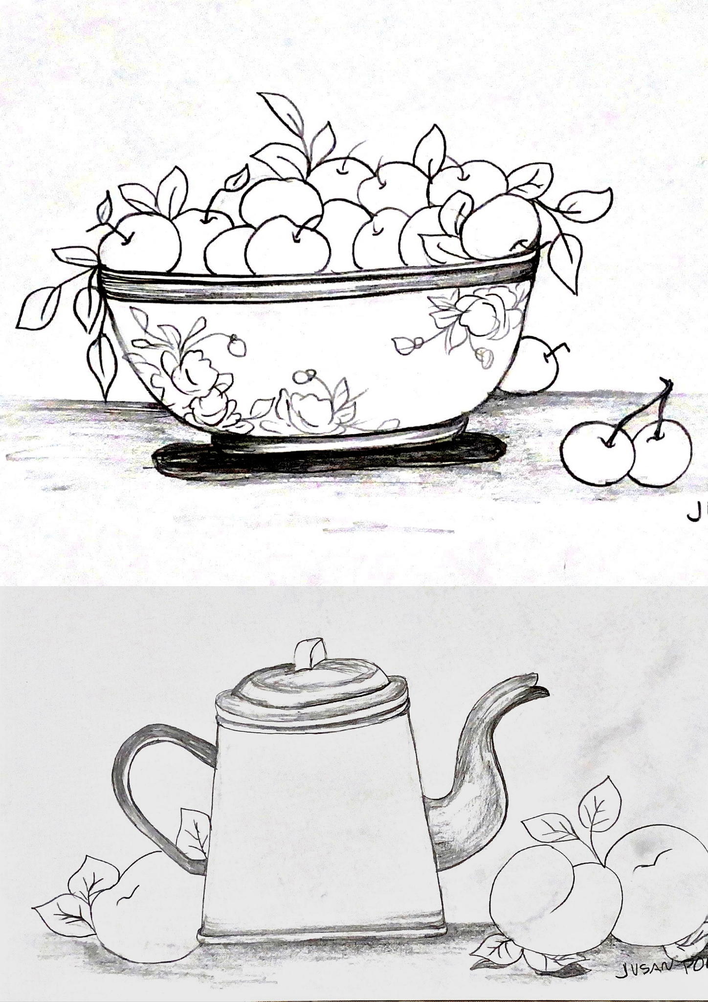 Modelos de riscos para pintura em tecido com bule e frutas